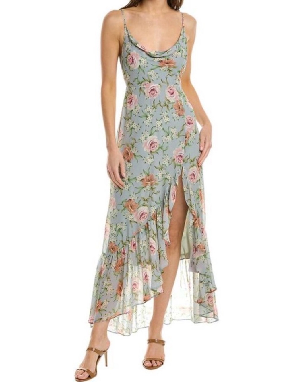 Yumi Kim Light Blue Floral High-Low Slip Dress with Pink Roses